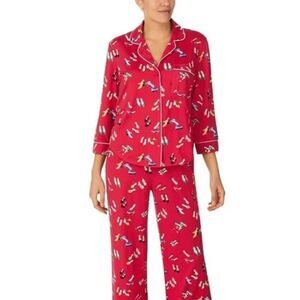 kate spade S Red Multi Stiletto Shoe Print Notch Collar Long Sleeve Pajama Set